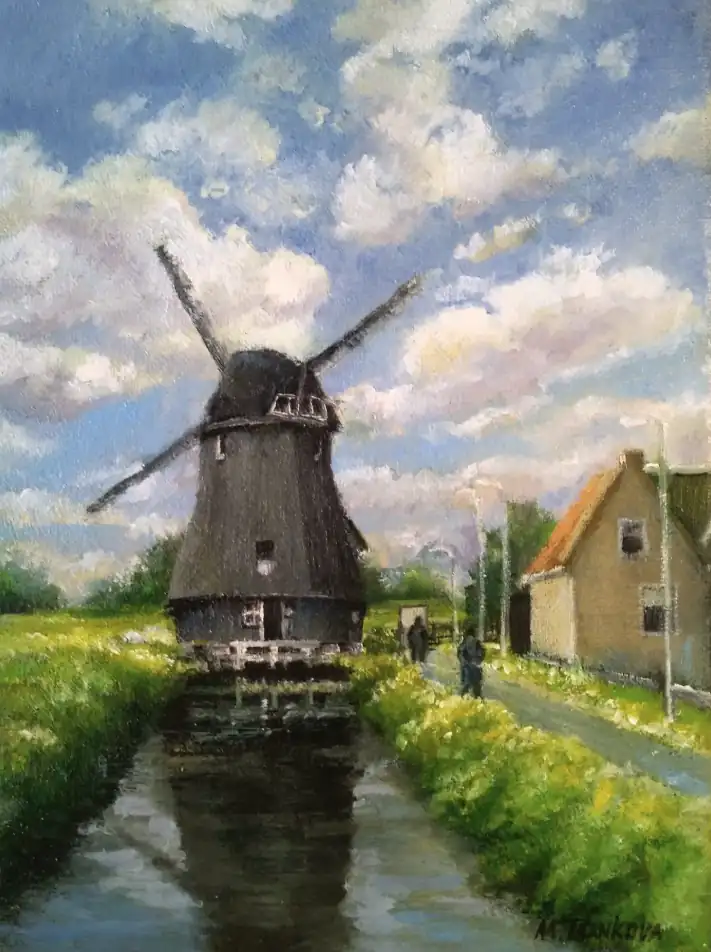 Dutch Windmill and Canal — a pastoral painting of a windmill beside a calm waterway